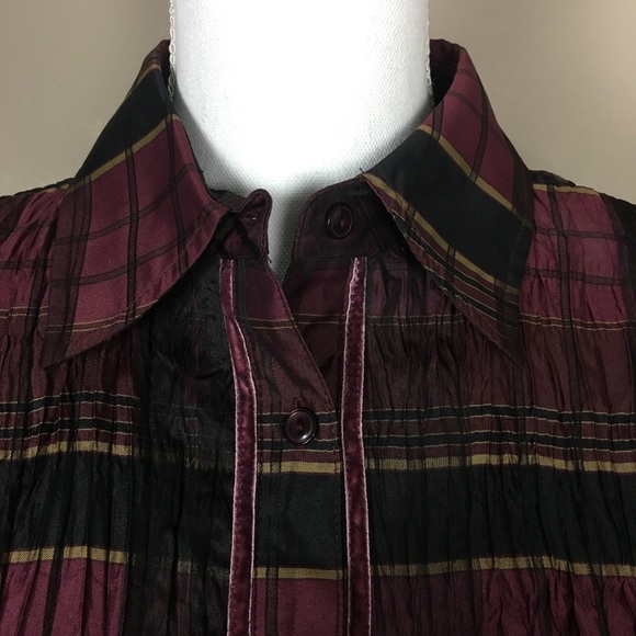 Cache Plaid Stretch Crinkle Button Down Shirt Small Christmas Holiday - Picture 2 of 7